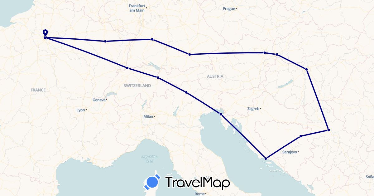 TravelMap itinerary: driving in Austria, Bosnia and Herzegovina, Switzerland, Germany, France, Croatia, Hungary, Italy, Liechtenstein, Serbia, Slovenia, Slovakia (Europe)